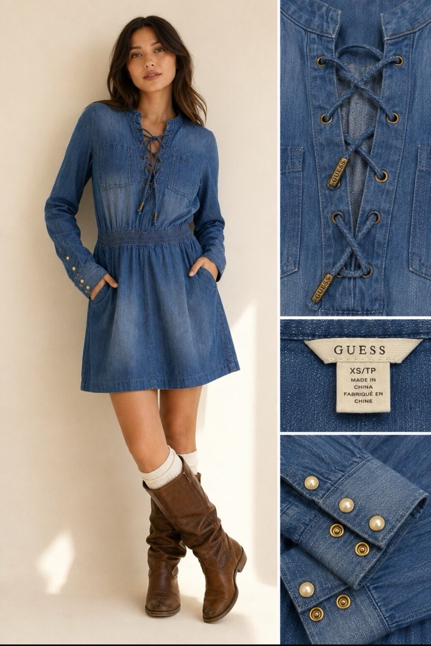 Boho GUESS Women's Denim Lace-Up Shirtdress Size XS Chambray Blue